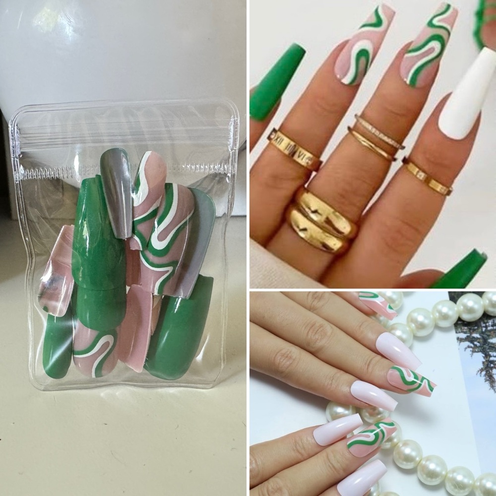 3/$15 Coffin Fake Nails Green and Nude Long Coffin